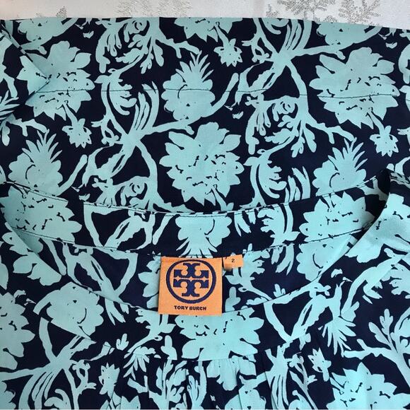 Tory Burch Floral Silk Blouse Navy Blue & Teal Silk Short Sleeves - Picture 3 of 6